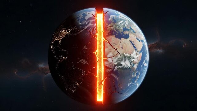 Cracked earth globe with a glowing vertical orange split line