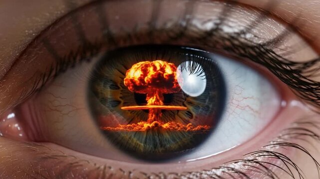Close up of a human eye with a nuclear explosion reflection in the iris