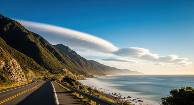 Scenic coastal road winds along the mountain range under lenticular clouds.