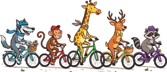 Cartoon animals riding bicycles in a fun outdoor scene © VectoRise