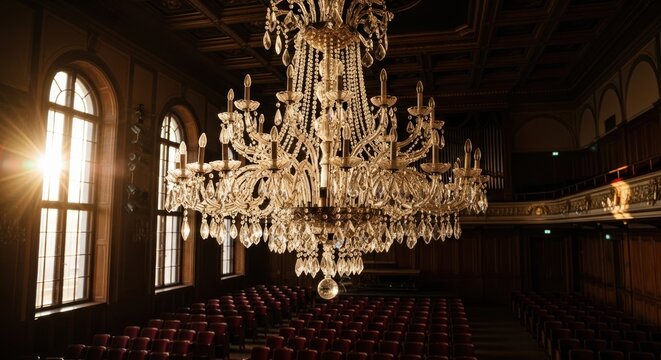 A crystal chandelier hangs in a grand concert hall.