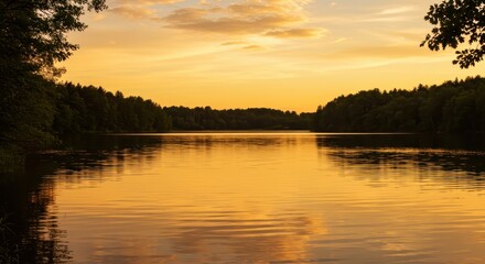 Obraz premium Tranquil water surface reflects an intense orange and yellow sunset over a dense forest shoreline.