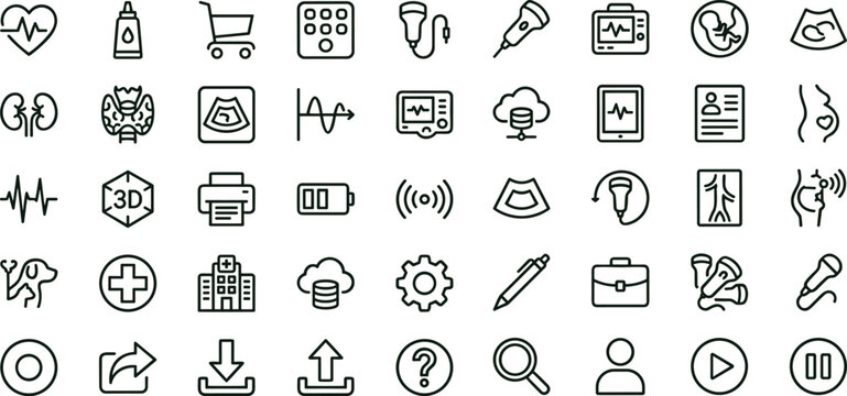 Medical diagnostic ultrasound and healthcare interface outline icon set featuring hospital equipment symbols for apps websites presentations clinical systems