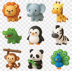 Obraz premium Zoo Animal Vector Icon Set | 3D icon set | lion, elephant, giraffe, crocodile, penguin, zebra, monkey, panda, and peacock