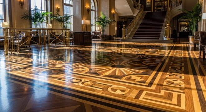 A grand hotel lobby features an elaborate parquet floor.