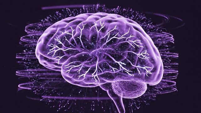 A transparent, glowing brain with neural pathways and energy pulses, representing thought and cognition