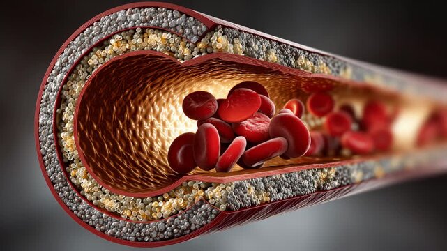 Cross-section of artery showing blood cells and plaque buildup