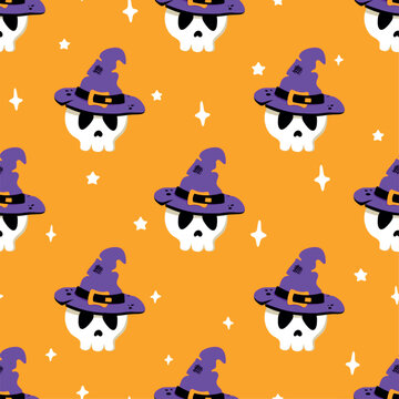 Funny cartoon Halloween skull with witch violet hat seamless pattern. Vector human skull background. Cute print for Day of Dead decor, Halloween wrapping paper, backdrop, cover, fabric design, textile