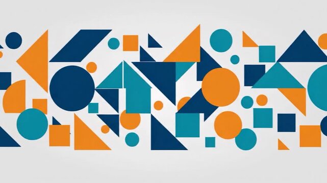 A dynamic pattern of various geometric shapes in blue, orange and teal creates a modern and abstract background design