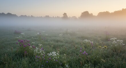 Fototapeta premium Dense ground mist envelops a meadow sprinkled with wildflowers during early morning light.
