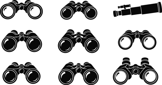 Set of binoculars and telescope silhouettes in various angles, professional optical equipment for bird watching, stargazing, travel exploration, and security surveillance concepts.