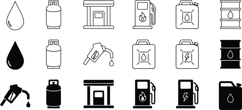 Collection of black and white oil gas and fuel container icons