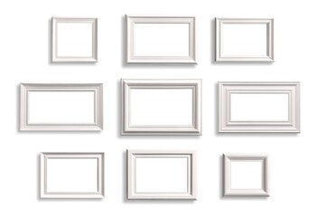 White blank frames on white empty wall 3d objects. Simple background. AI graphic.