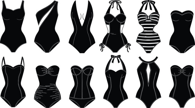 Set of women's one piece swimsuit silhouettes in various elegant styles including halter neck, cut out, and monokini designs, perfect for summer beach fashion, swimwear retail