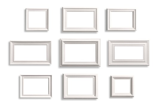 White blank frames on white empty wall 3d objects. Simple background. AI graphic.