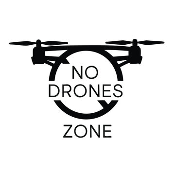 No drones zone warning sign. Vector icon with a quadcopter silhouette and prohibition symbol. Flight restriction area graphic
