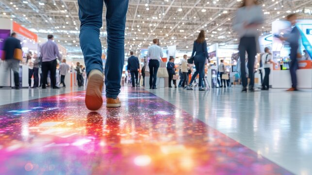 Person walking on a vibrant, illuminated floor at a busy trade show event