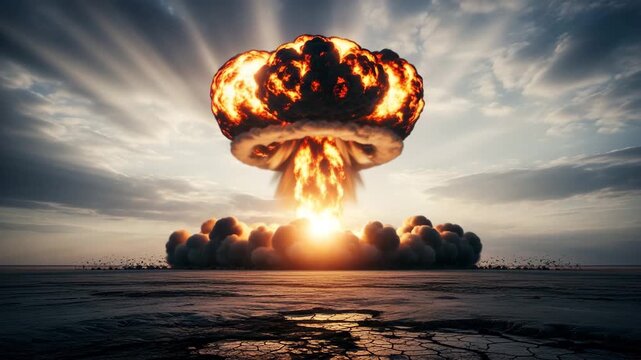 Close up of a nuclear mushroom cloud base with fire and shockwaves
