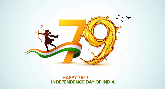 A vibrant illustration for India's 79th Independence Day, featuring numbers, a waving flag, and a symbolic archer.