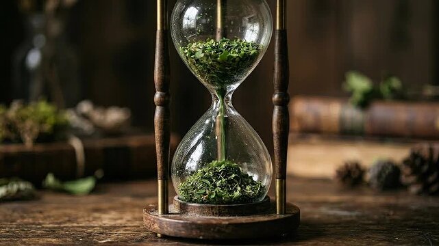 Hourglass herb timepiece biodiversity loss symbol of nature passing and seasonal change with dried leaf rustic wood hourglass plant time biodiversity