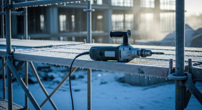 Frosted power drill on scaffolding at a cold winter construction site.