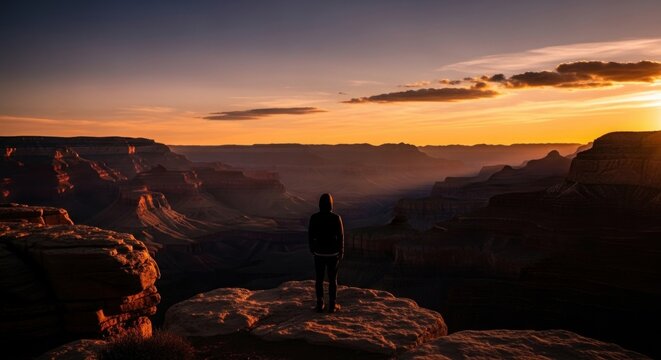 A lone figure overlooks a majestic canyon at vibrant sunset