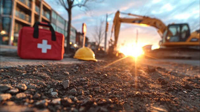 Construction site safety equipment first aid kit hard hat excavator urban development project sunset light