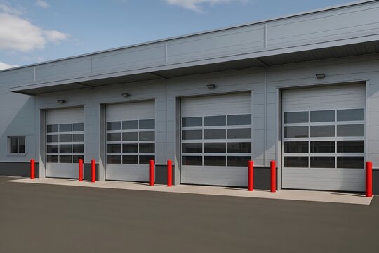  Industrial Building Exterior with High Performance Garage Doors and Red Posts. Car Service Dealership, Truck Transportation Dock, or other High-Traffic Commercial Environments.. Exterior Architecture