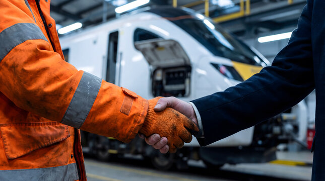Industrial worker and businessman shaking hands in train depot