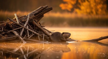 Obraz premium Beaver sits by its dam in warm golden hour light.