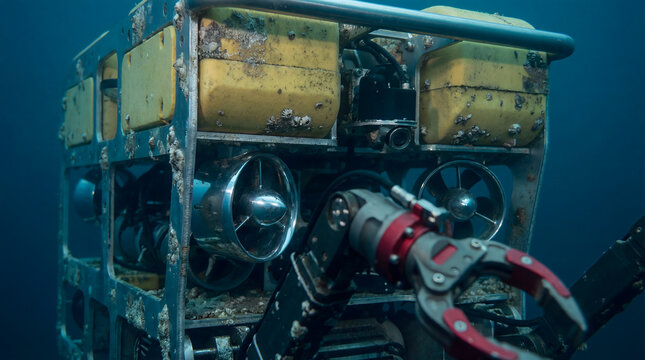 Underwater rov exploring deep sea with robotic arm