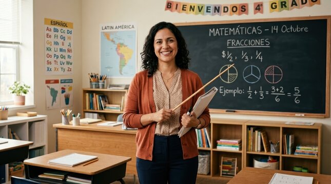 Smiling female teacher instructing math class with fractions on blackboard