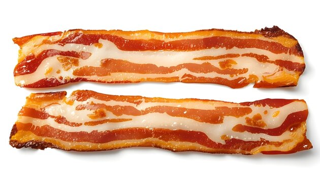Two strips of crispy cooked bacon on a white background