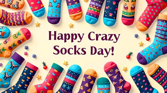 Happy Crazy Socks Day Illustration Featuring Colorful Pattern Sock Pineapple Music Animal Geometric Motif Circular Border Fun Celebration Poster Design