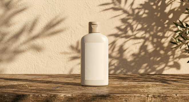 Highly realistic product mockup of a sunscreen bottle standing on a rustic wooden table
