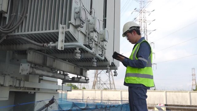 Electrical engineer power transformer substation inspection maintenance safety helmet high visibility vest clipboard technician checking equipment