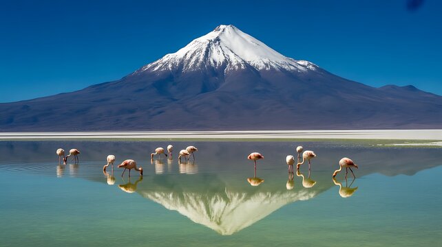 Snowy Licancabur volcano in Andes montains reflecting in the wate of Laguna Chaxa with Andean flamingos, Atacama salar landscape, Chile.