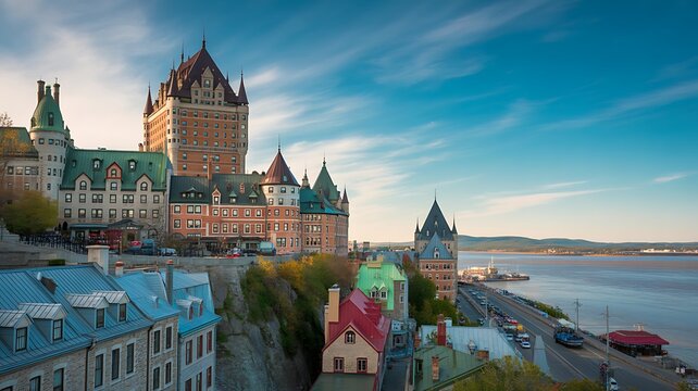 View of Quebec City old town with Chateau Frontenac and St Lawrence river.