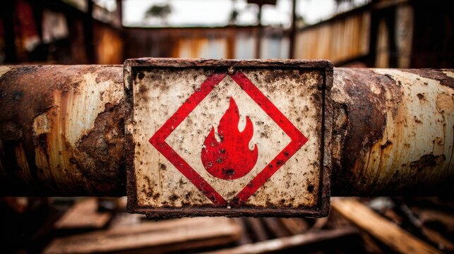 A weathered, rusty diamond-shaped flammable liquid warning symbol indicating fire hazard on an industrial surface