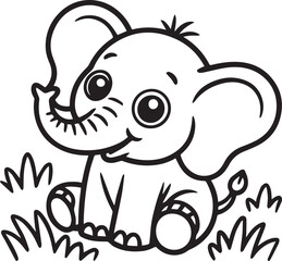 Fototapeta premium Cartoon elephant coloring page vector illustration featuring cute baby animal character sitting in grass with big eyes and friendly smile