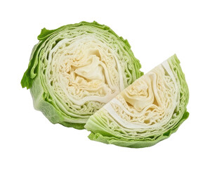 Fototapeta premium A halved head of iceberg lettuce is shown against a png transparent. The lettuce displays a layered, ruffled texture with green outer leaves and a creamy white inner core.