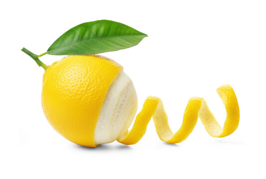 A bright yellow lemon rests on a png transparent. A spiral of lemon peel curls gracefully around the fruit.