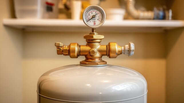 Detailed view of a compact residential water pressure tank with a brass pressure gauge and valve assembly