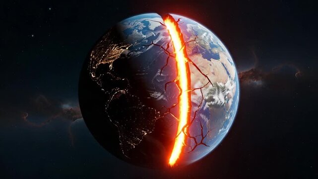 Earth globe splitting apart with glowing orange core and cracks in space