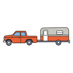 Rugged pickup truck towing a compact camp trailer along a winding road, dust trailing behind. Adventure-ready setup blending power, comfort, and freedom for open-road escapes.
