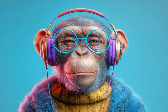 Cute monkey wearing colorful with headphones and blue glasses on an isolated pastel background.