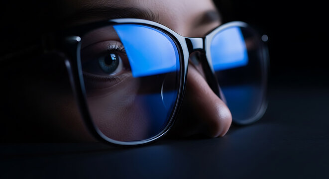 Focused eye with blue light reflection on eyeglasses in dark, screen usage concept
