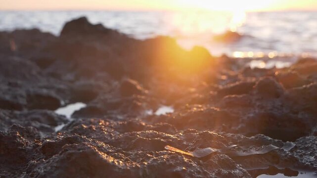 Rocky coastline tracking shot, shallow dof