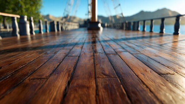 Vintage wooden ship deck surface low angle view textured planks nautical vessel sailing adventure background seascape travel concept