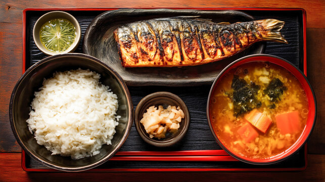 Grilled fish with rice and miso soup Japanese teishoku